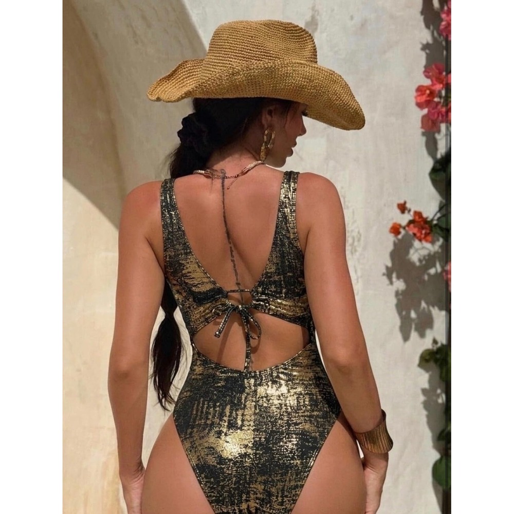 Gold Metallic Foil One Piece Swimsuit Lace Up O-Ring High Cut Black Large NWOT - Picture 2 of 8
